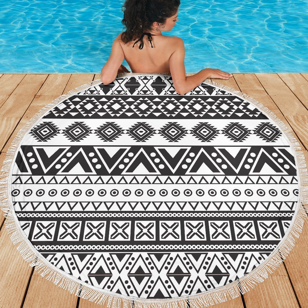 Dark Grey Aztec Pattern Print Round Beach Blanket