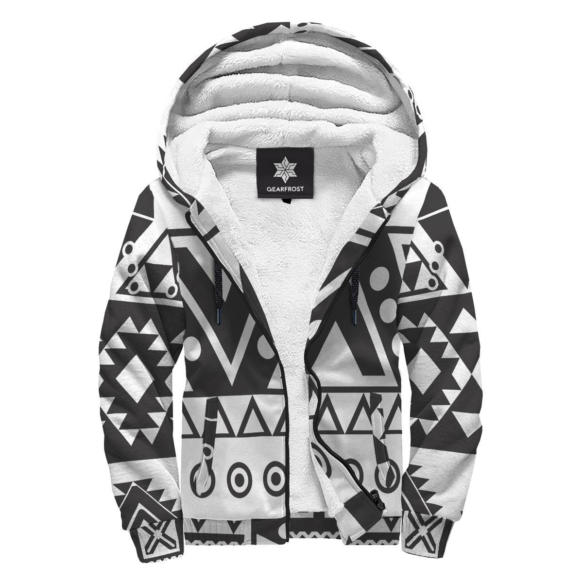 Dark Grey Aztec Pattern Print Sherpa Lined Fleece Hoodie