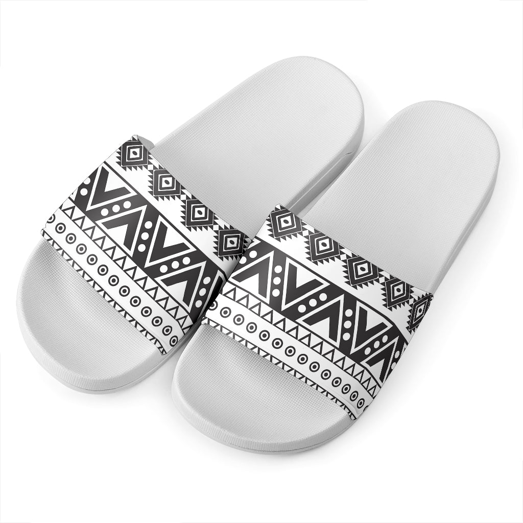 Dark Grey Aztec Pattern Print White Slide Sandals