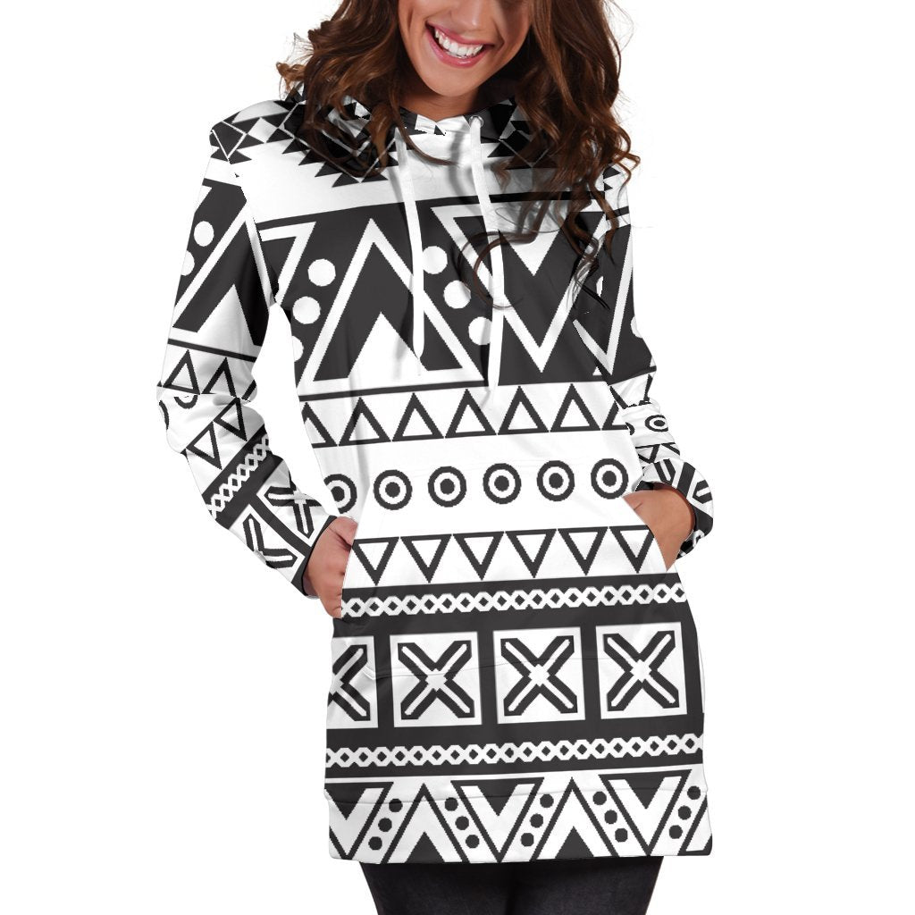 Dark Grey Aztec Pattern Print Women's Pullover Hoodie Dress