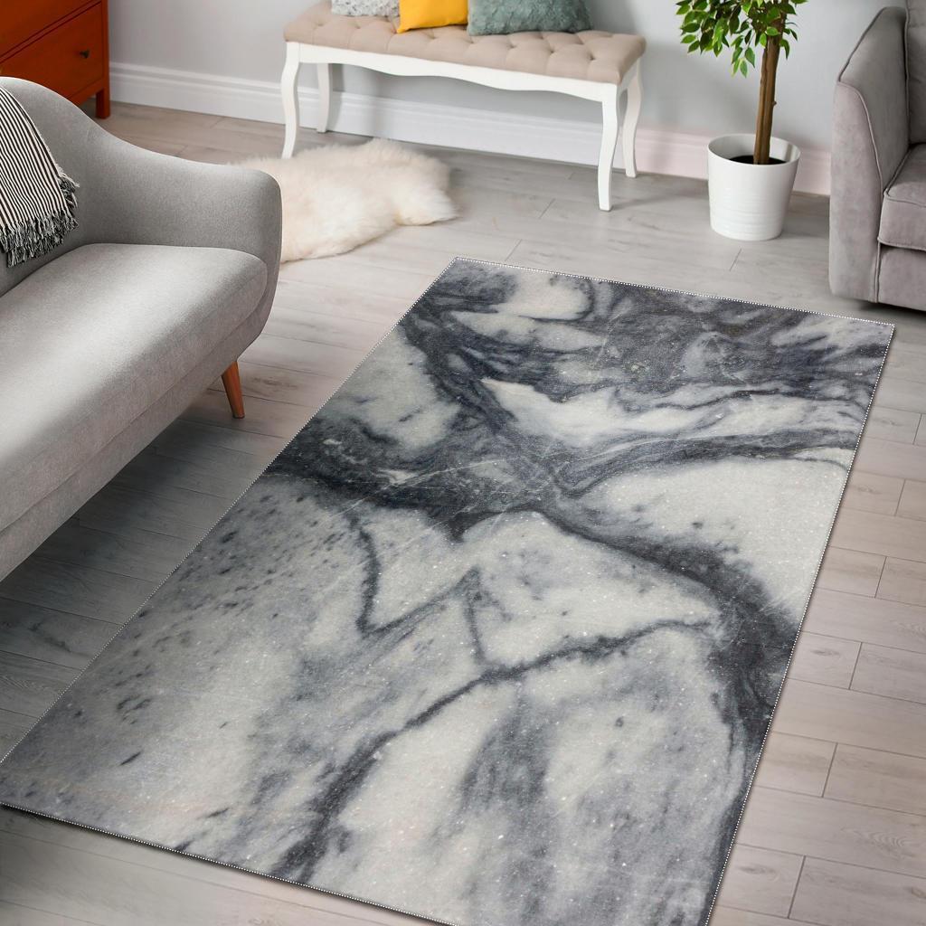 Dark Grey White Marble Print Area Rug