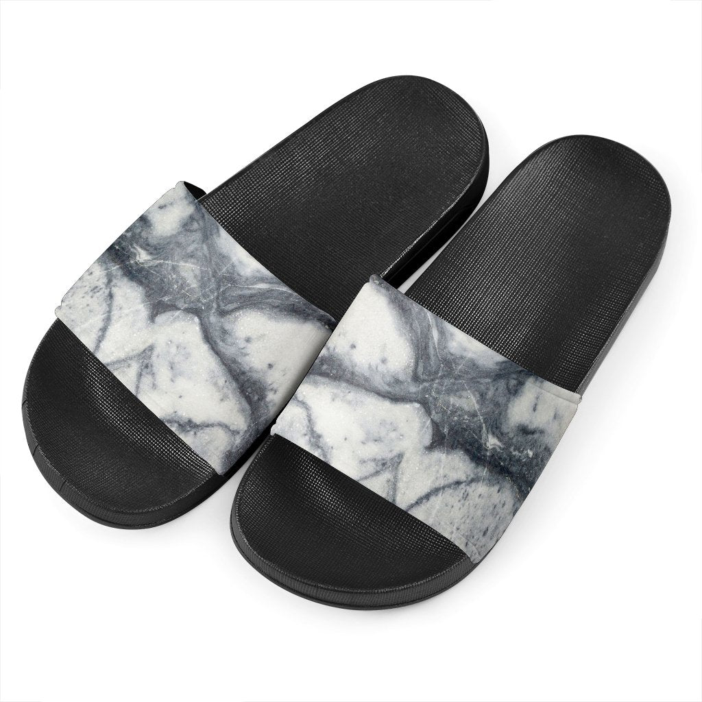 Dark Grey White Marble Print Black Slide Sandals