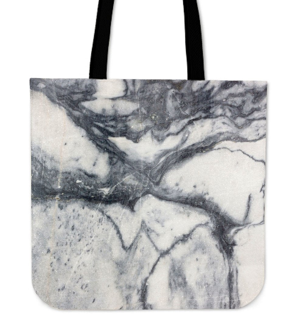 Dark Grey White Marble Print Canvas Tote Bag