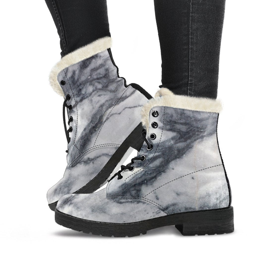 Dark Grey White Marble Print Faux Fur Leather Boots