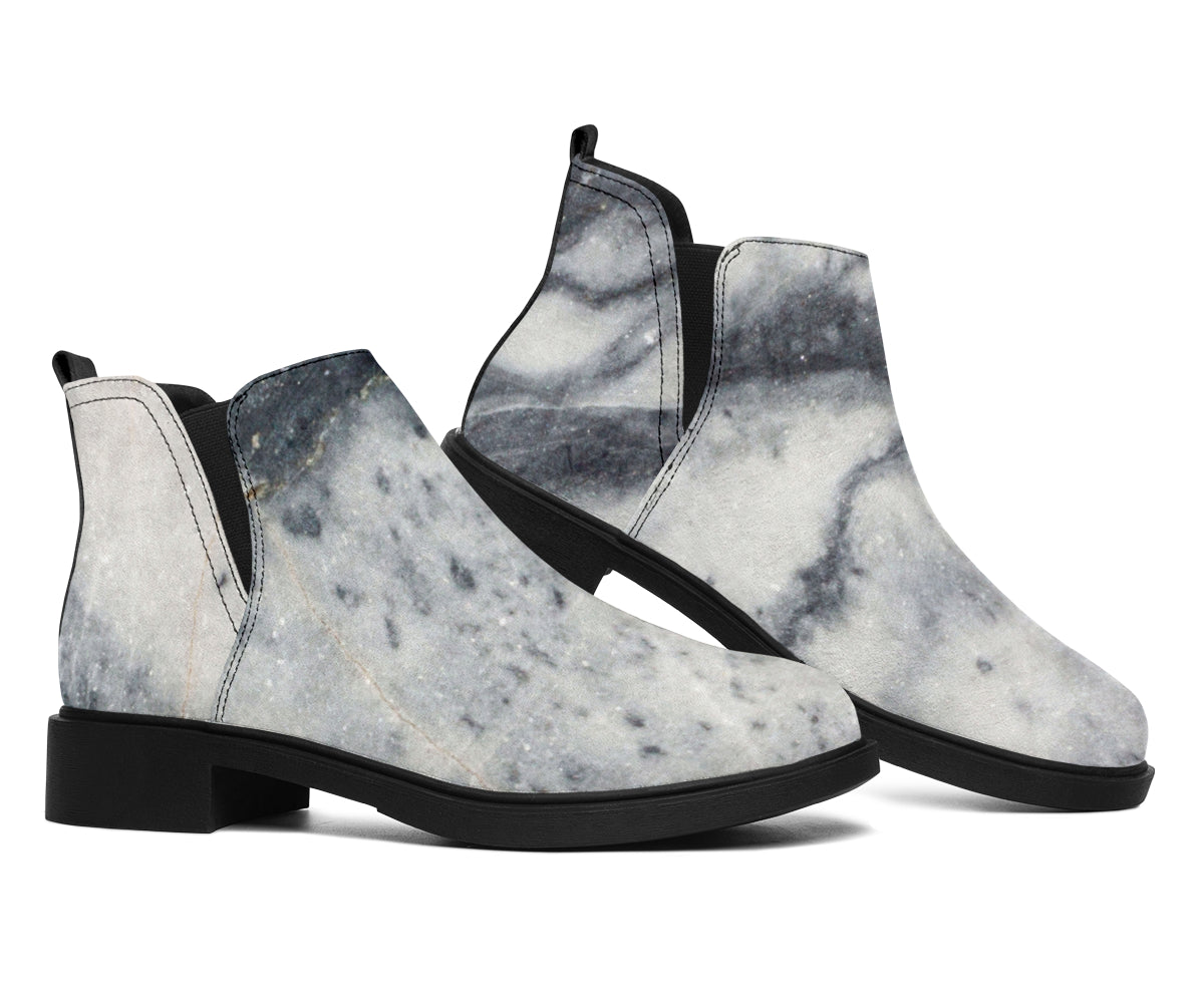 Dark Grey White Marble Print Flat Ankle Boots