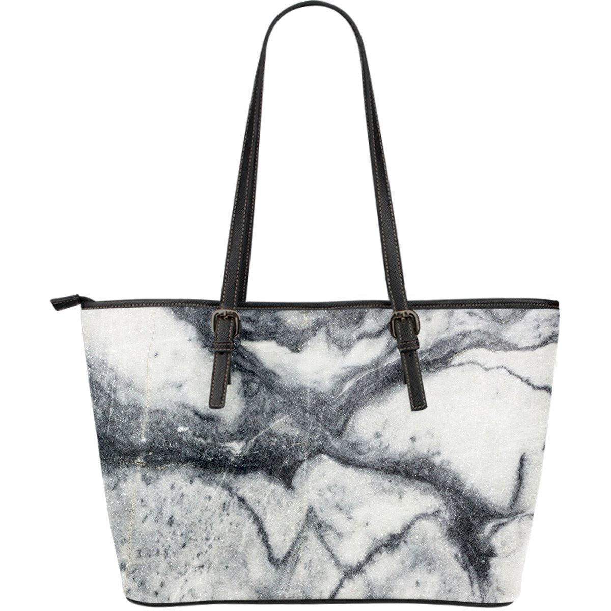 Dark Grey White Marble Print Leather Tote Bag