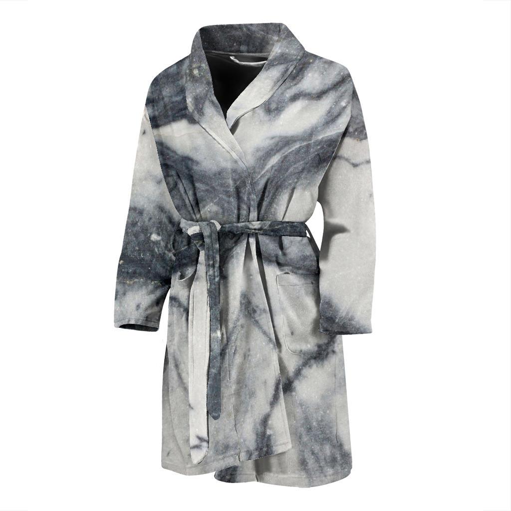 Dark Grey White Marble Print Men's Bathrobe