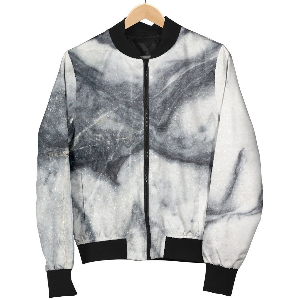 Dark Grey White Marble Print Men's Bomber Jacket