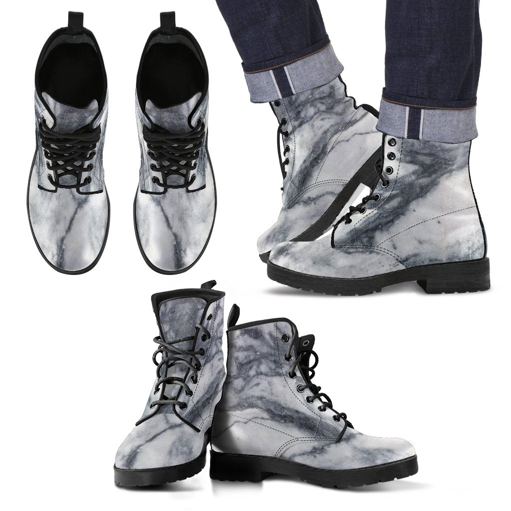 Dark Grey White Marble Print Men's Boots