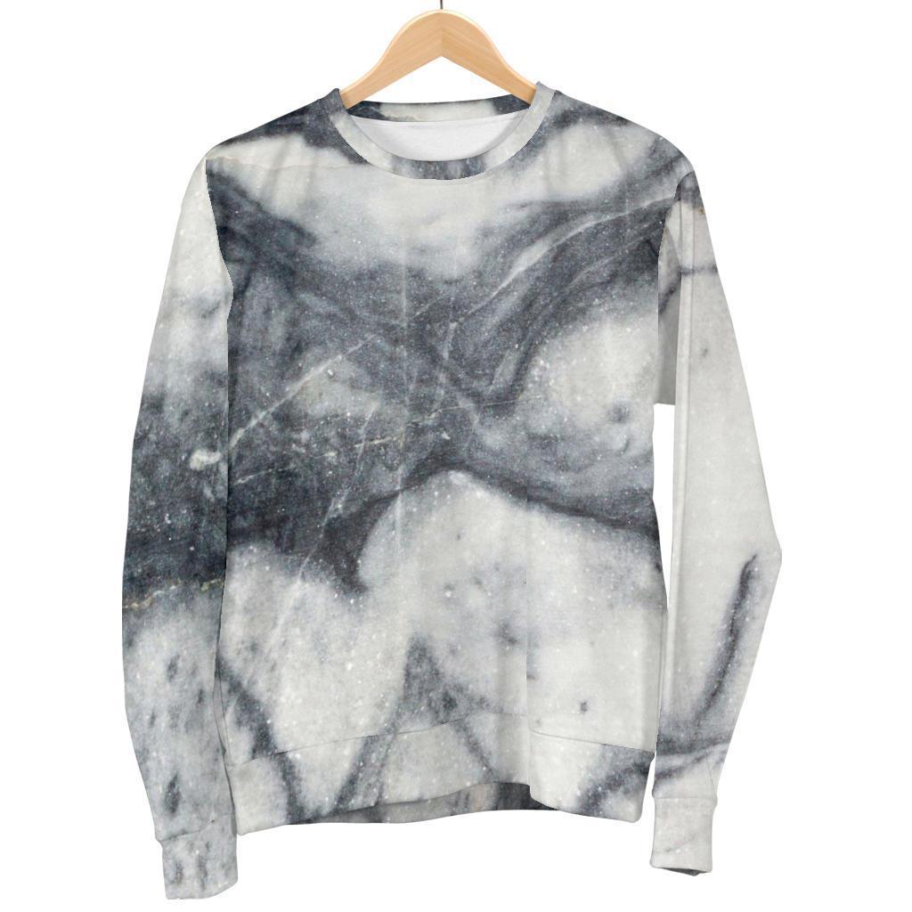 Dark Grey White Marble Print Men's Crewneck Sweatshirt