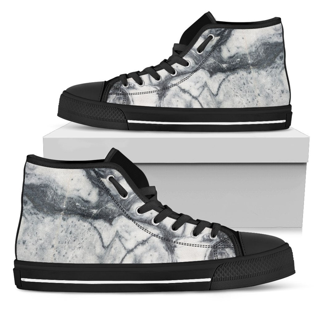 Dark Grey White Marble Print Men's High Top Shoes