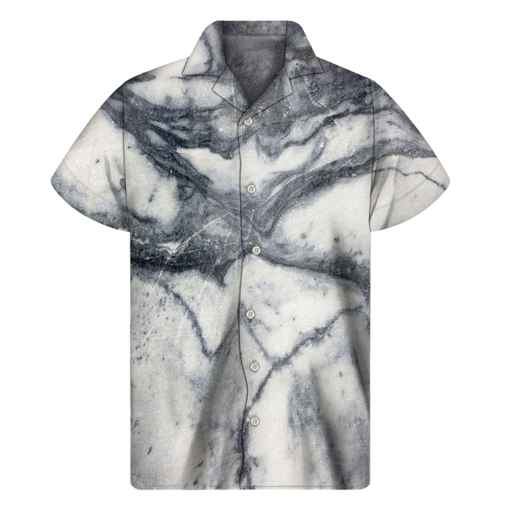 Dark Grey White Marble Print Men's Short Sleeve Shirt