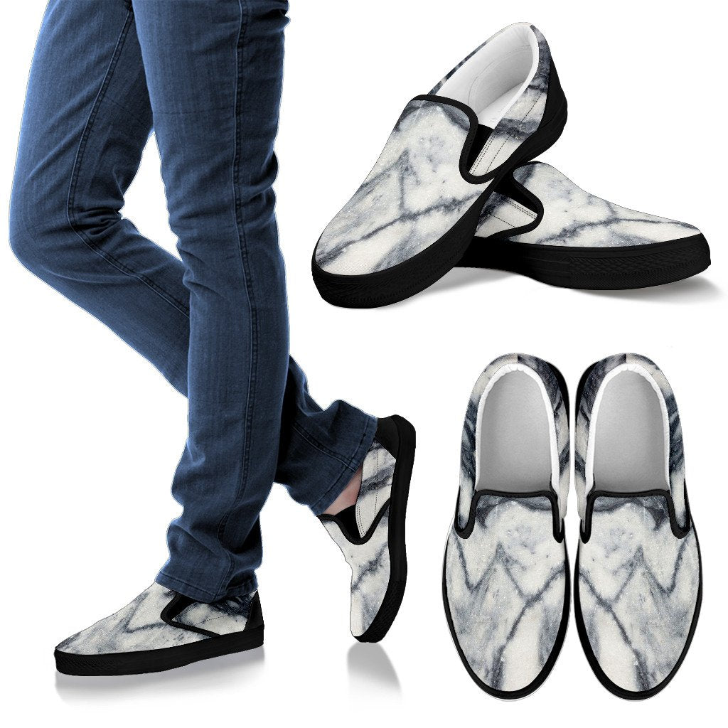 Dark Grey White Marble Print Men's Slip On Shoes