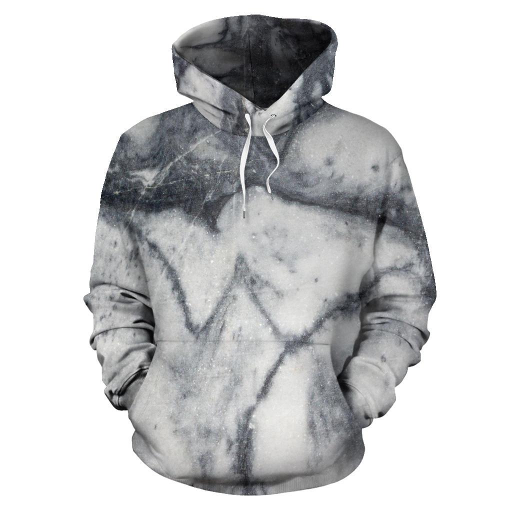 Dark Grey White Marble Print Pullover Hoodie