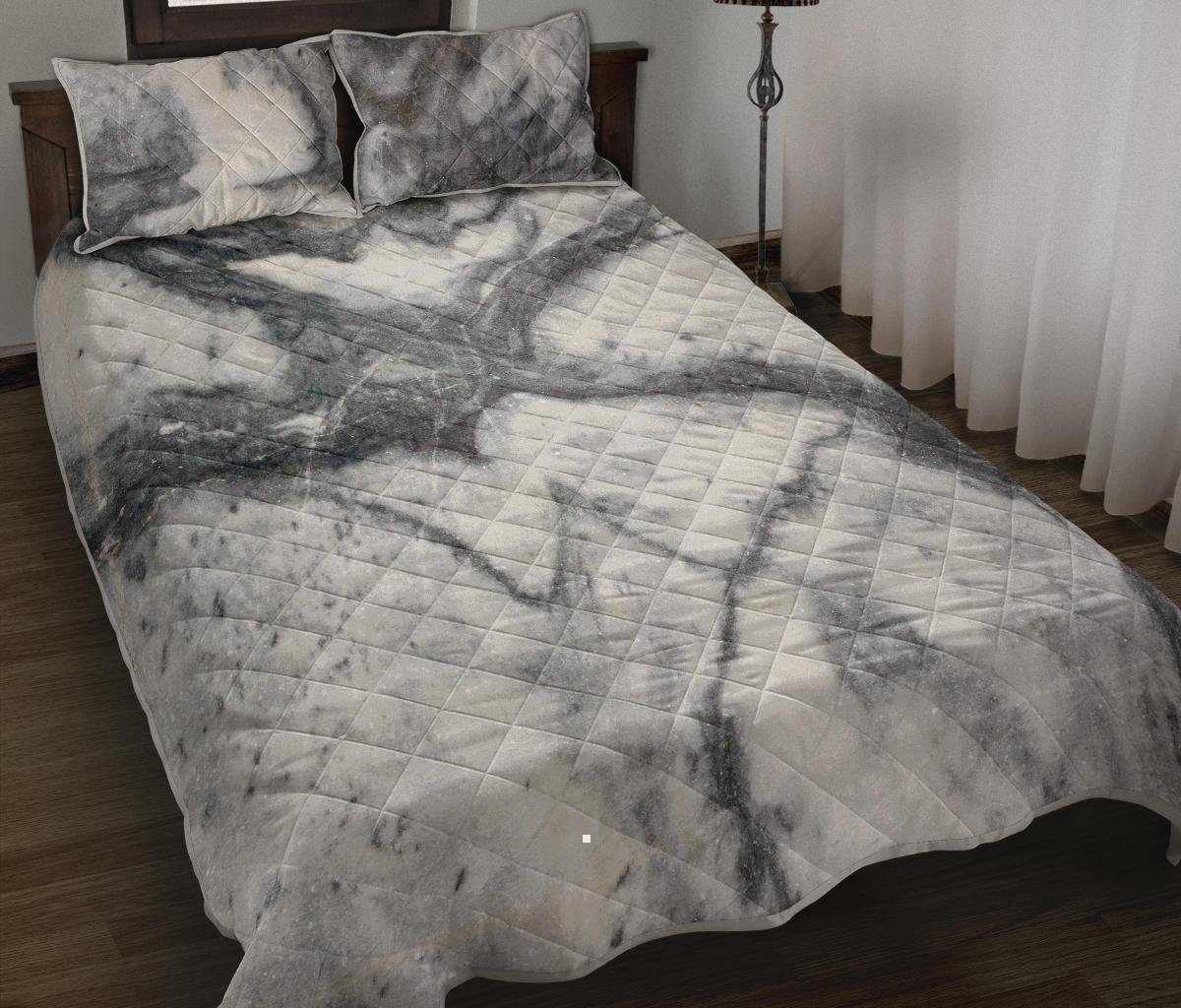 Dark Grey White Marble Print Quilt Bed Set