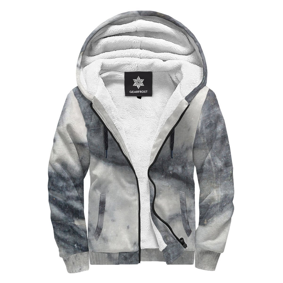 Dark Grey White Marble Print Sherpa Lined Fleece Hoodie