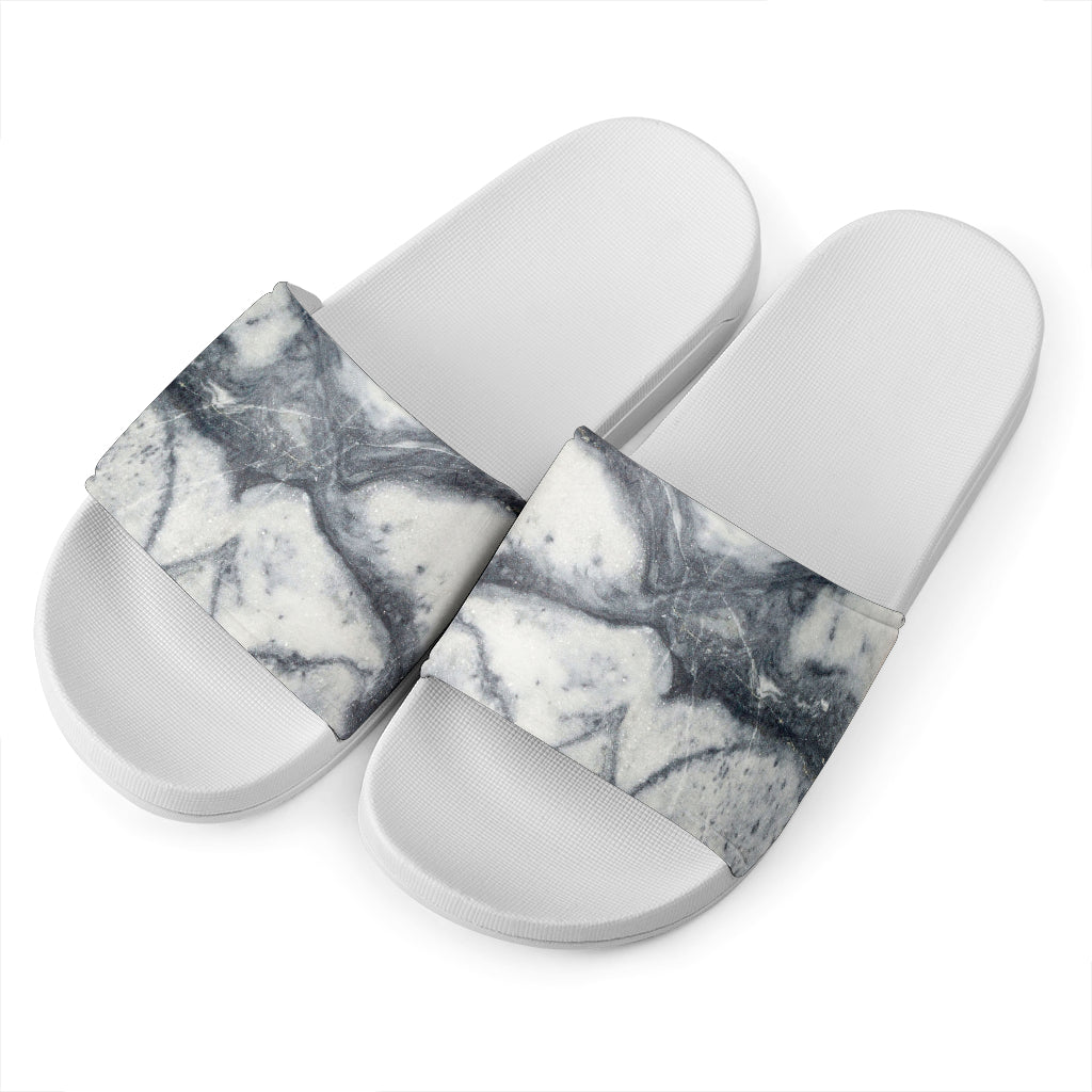 Dark Grey White Marble Print White Slide Sandals