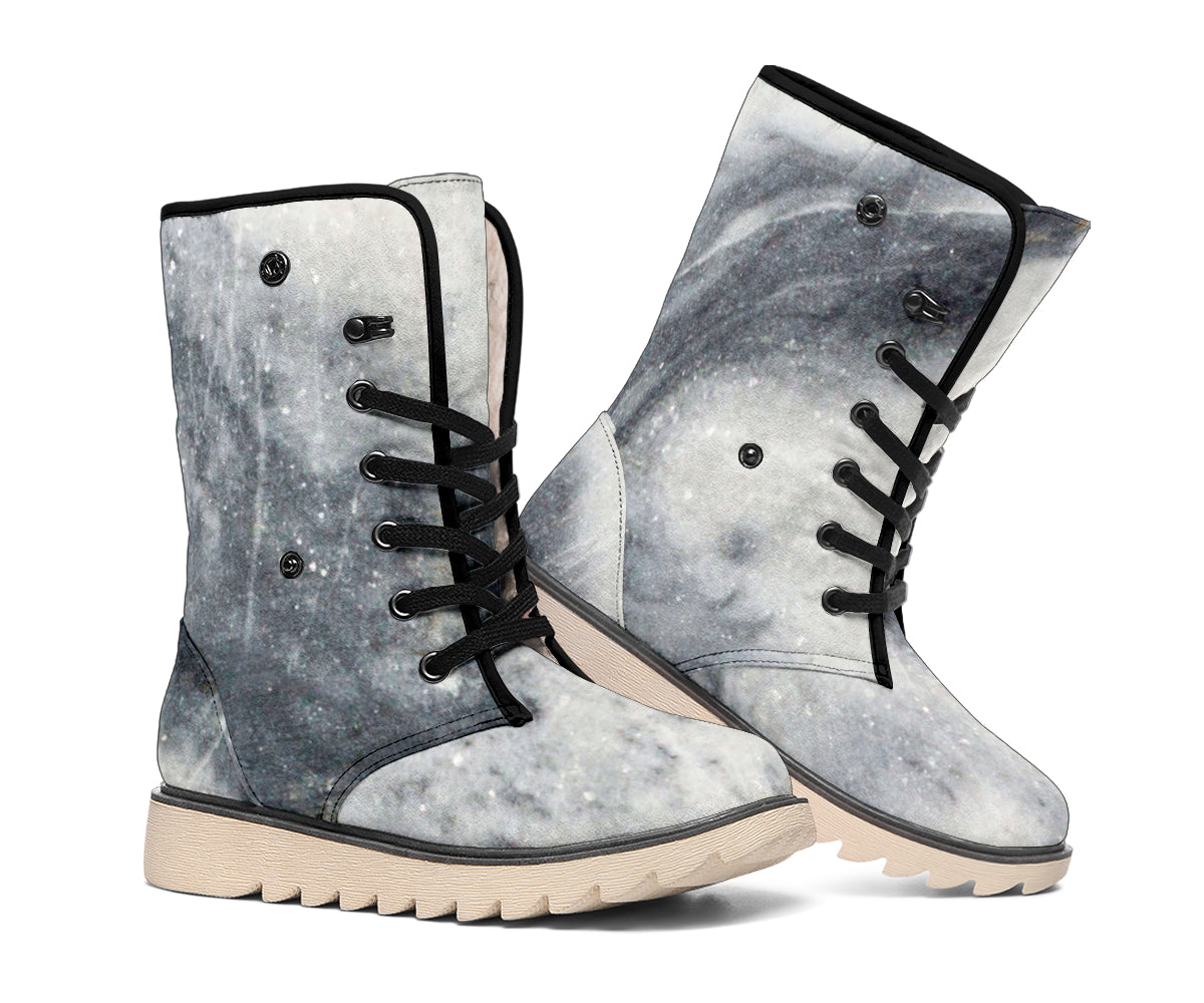 Dark Grey White Marble Print Winter Boots