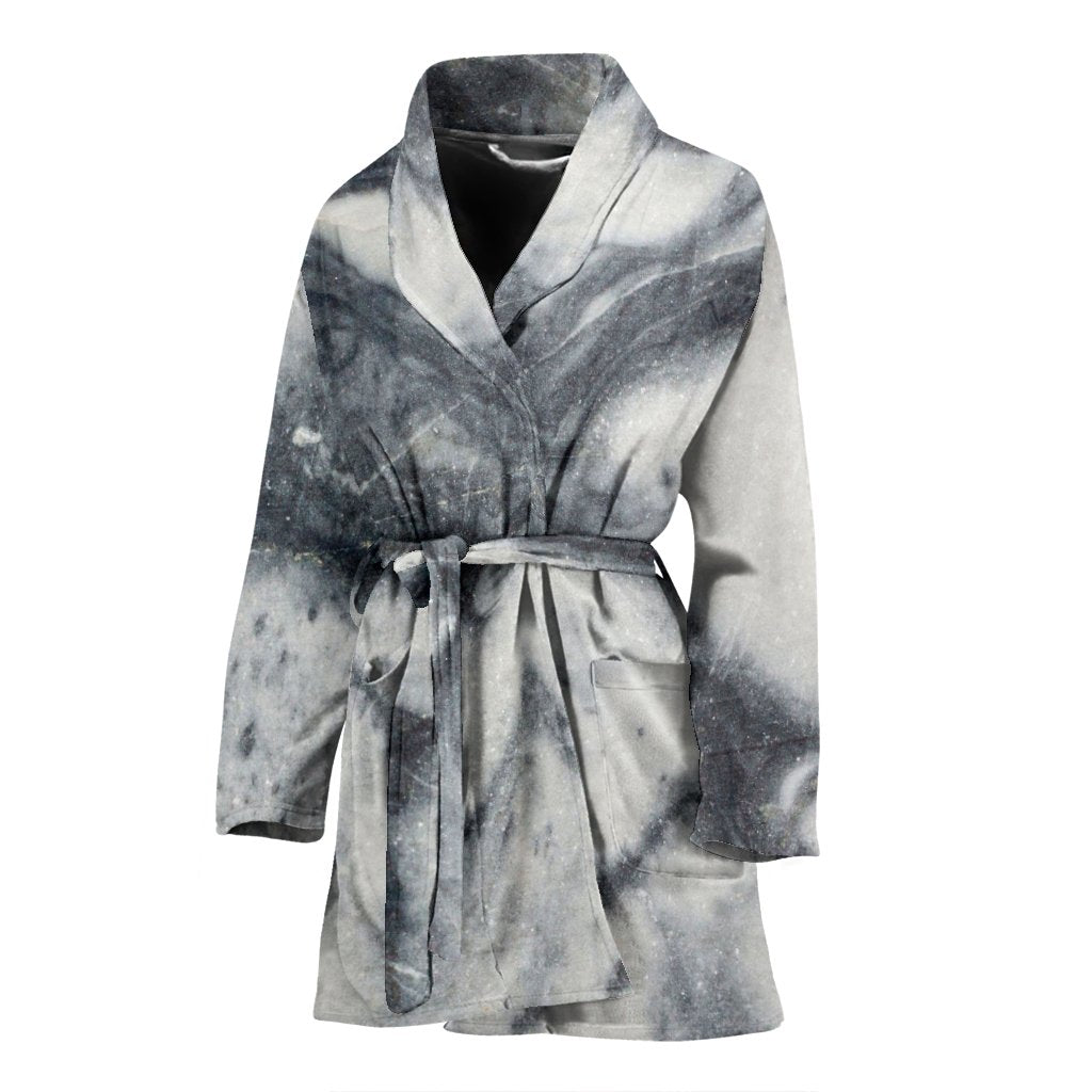 Dark Grey White Marble Print Women's Bathrobe