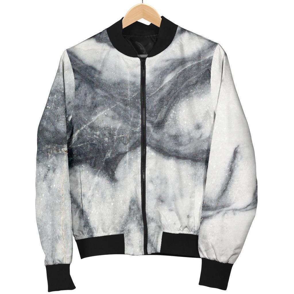 Dark Grey White Marble Print Women's Bomber Jacket