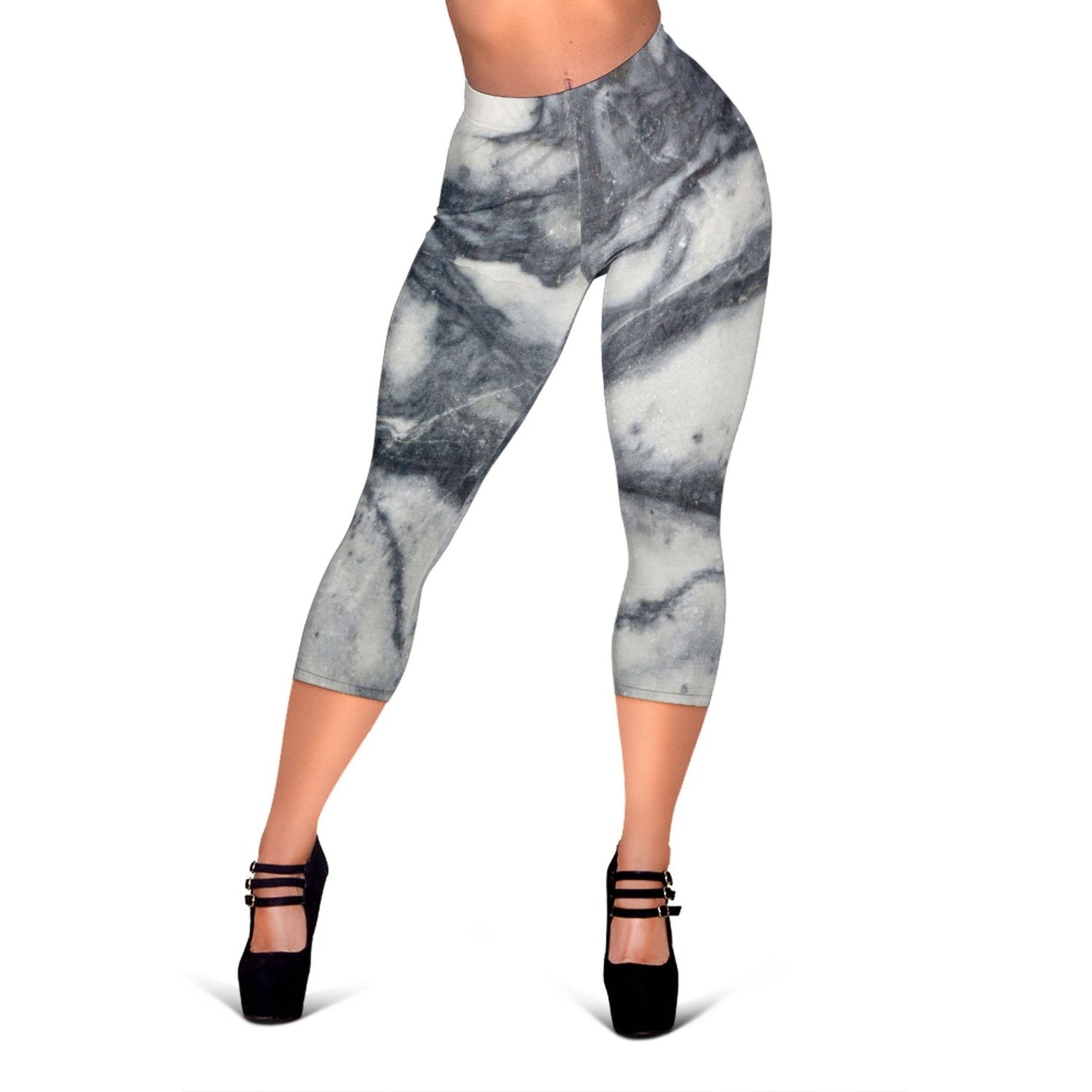 Dark Grey White Marble Print Women's Capri Leggings