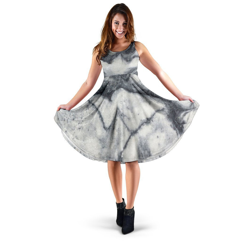 Dark Grey White Marble Print Women's Dress