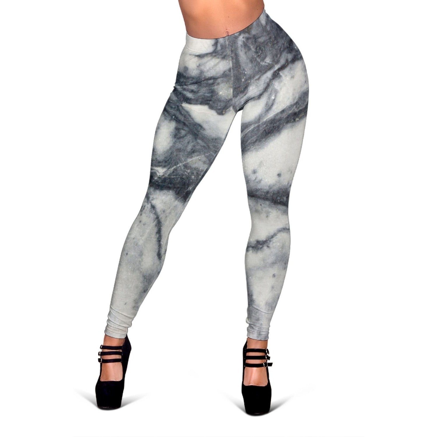 Dark Grey White Marble Print Women's Leggings