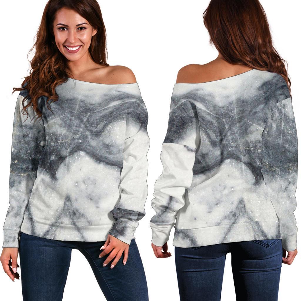 Dark Grey White Marble Print Women's Off-Shoulder Sweatshirt