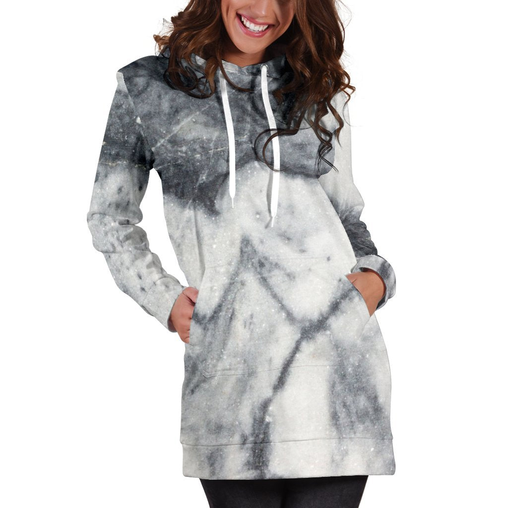 Dark Grey White Marble Print Women's Pullover Hoodie Dress