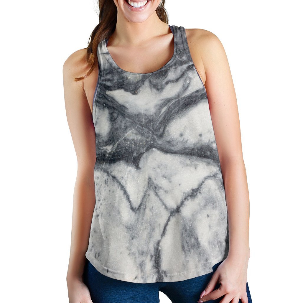 Dark Grey White Marble Print Women's Racerback Tank Top