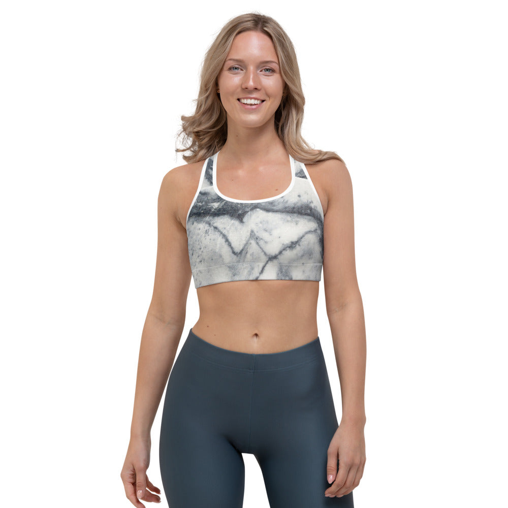 Dark Grey White Marble Print Women's Sports Bra