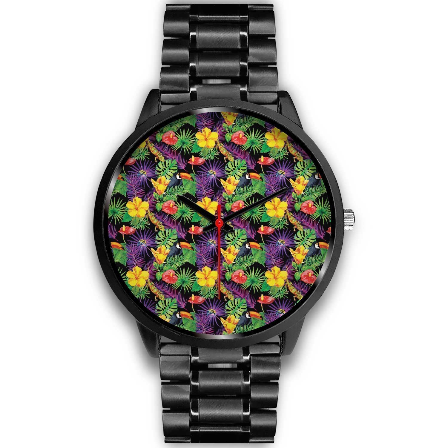 Dark Hawaiian Tropical Pattern Print Black Watch