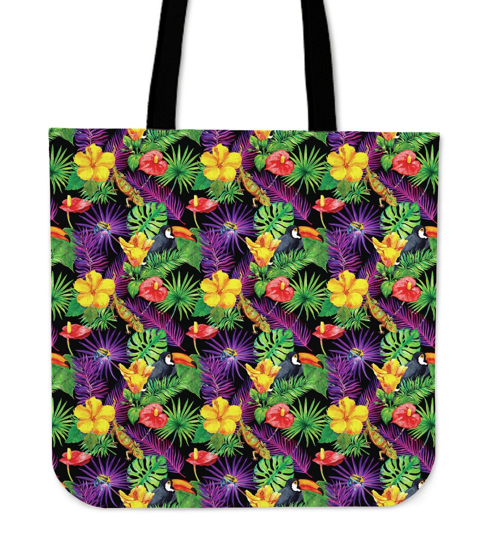 Dark Hawaiian Tropical Pattern Print Canvas Tote Bag