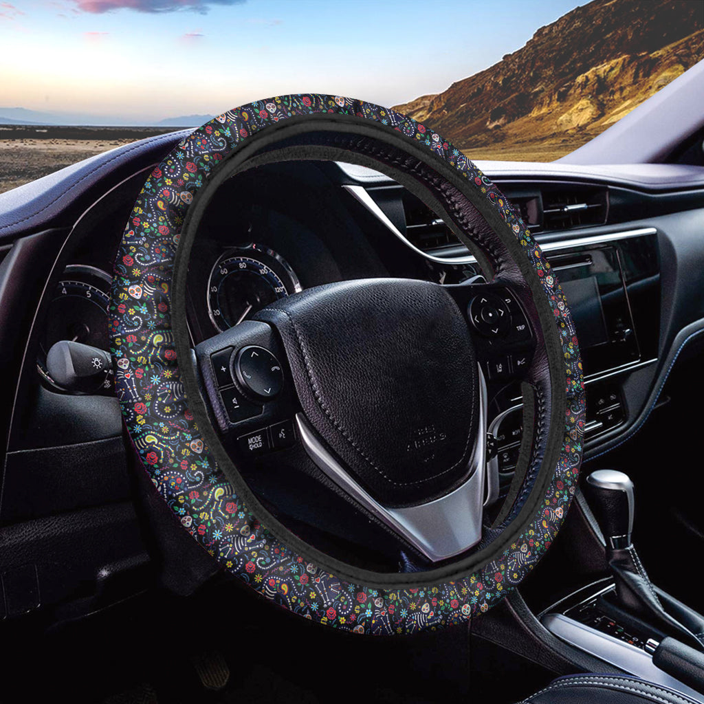 Day Of The Dead Calavera Cat Print Car Steering Wheel Cover
