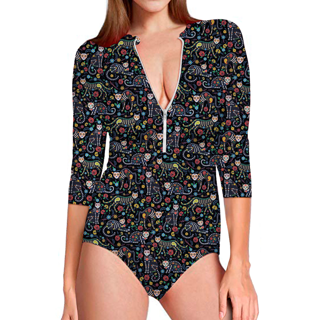 Day Of The Dead Calavera Cat Print Long Sleeve One Piece Swimsuit