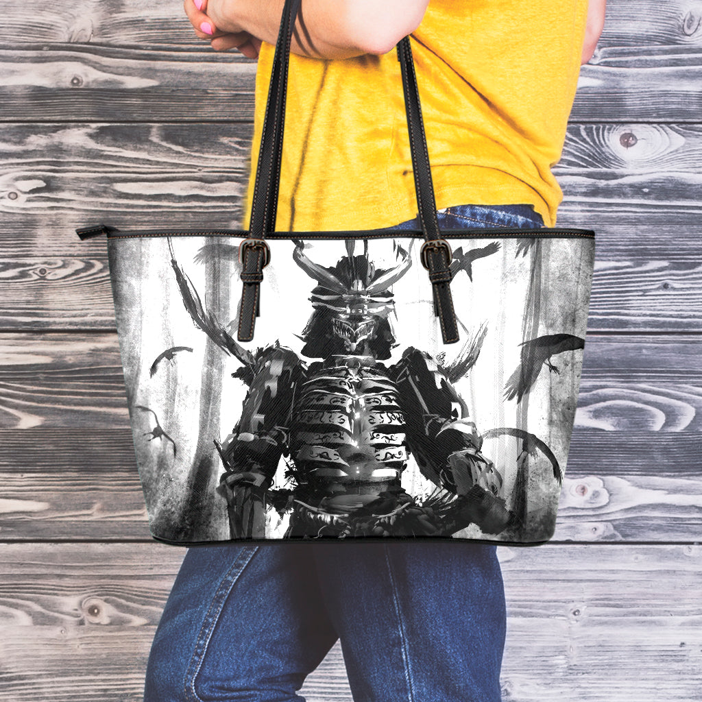 Demon Samurai Print Leather Tote Bag