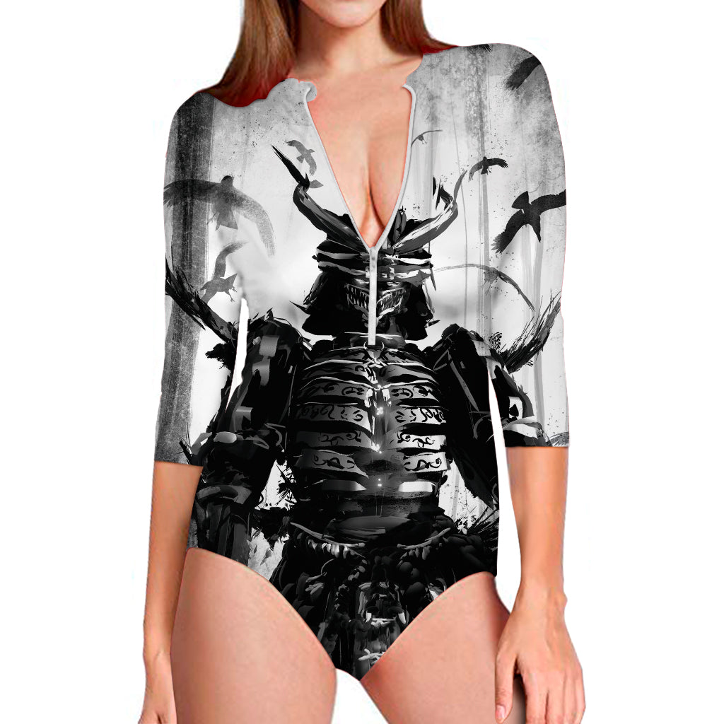 Demon Samurai Print Long Sleeve One Piece Swimsuit