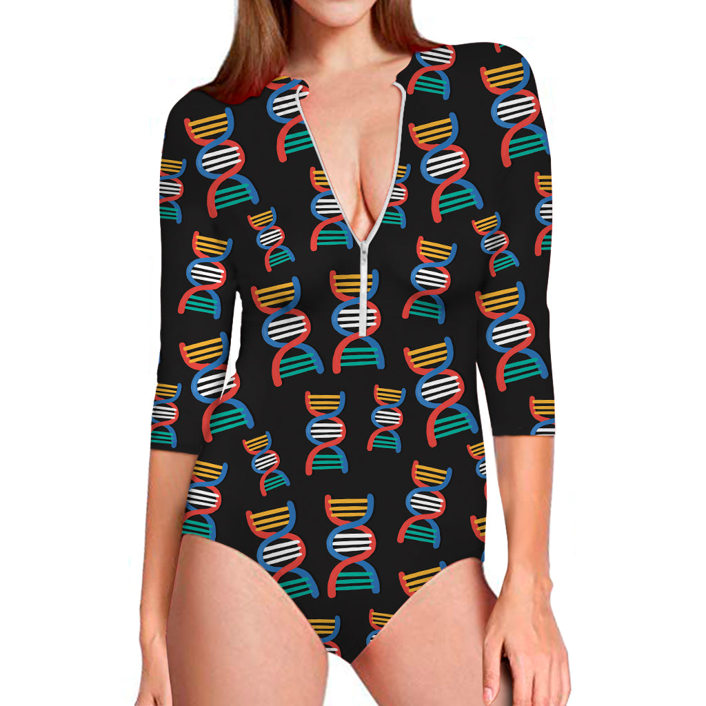 DNA Strands Pattern Print Long Sleeve One Piece Swimsuit