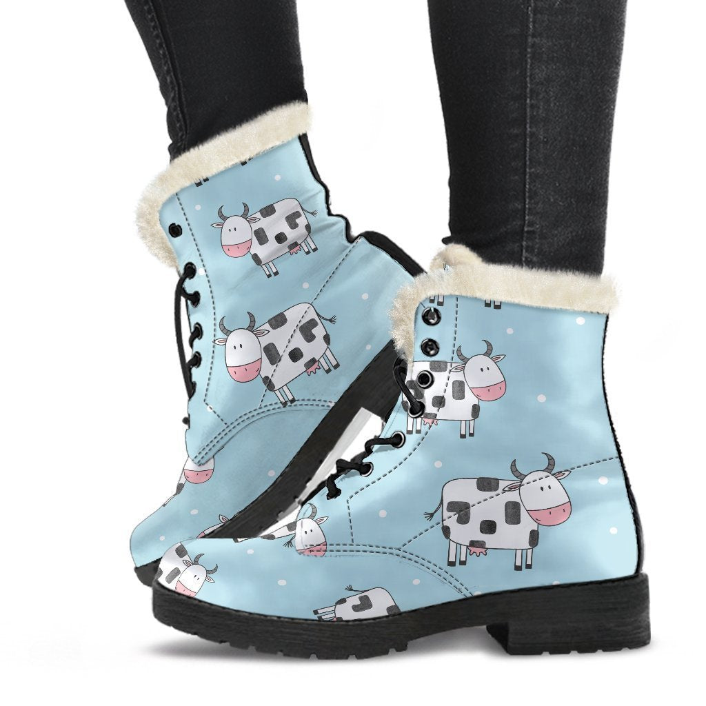 Doodle Cow Pattern Print Faux Fur Leather Boots