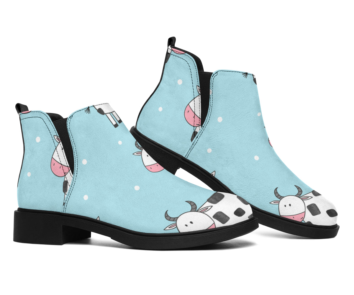 Doodle Cow Pattern Print Flat Ankle Boots