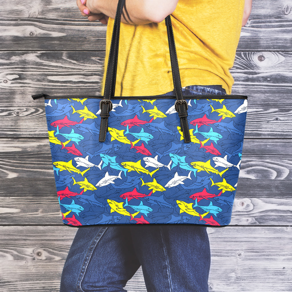 Doodle Shark Pattern Print Leather Tote Bag
