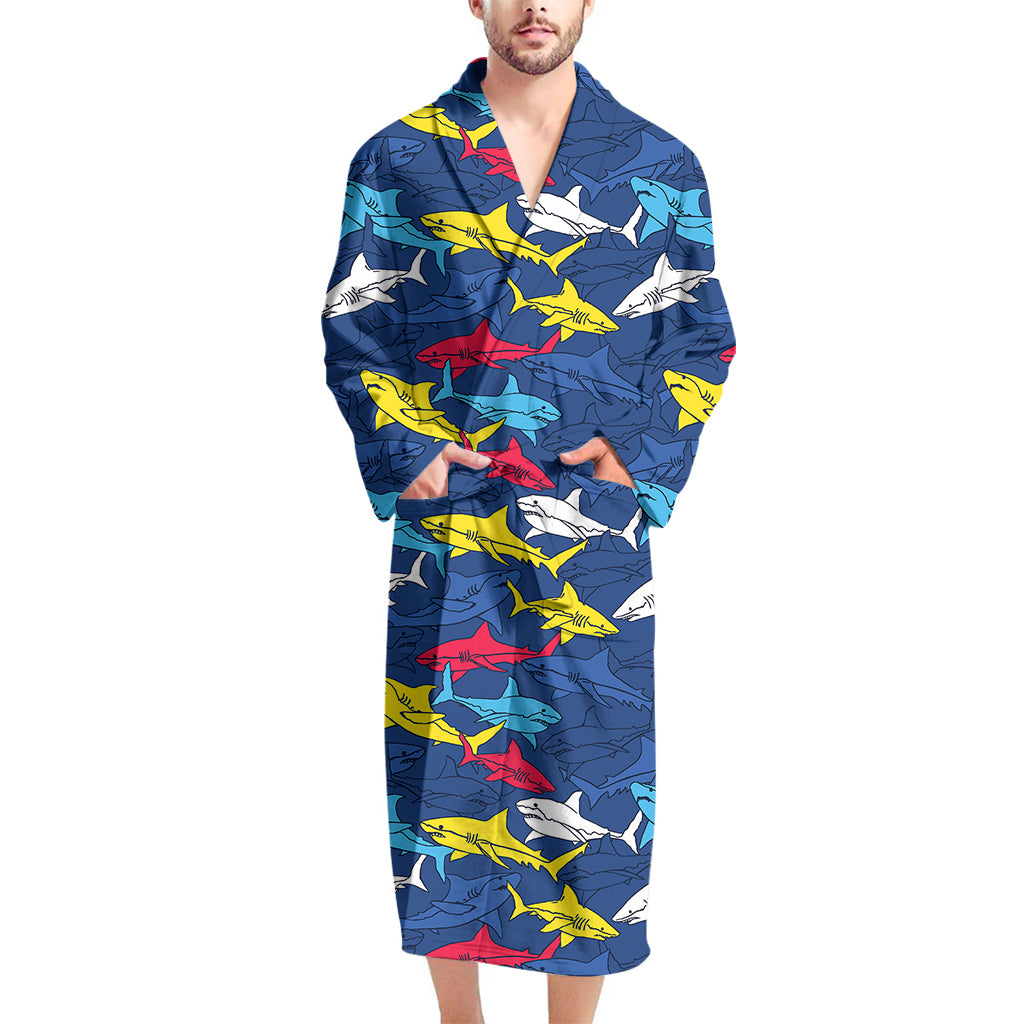 Doodle Shark Pattern Print Men's Bathrobe