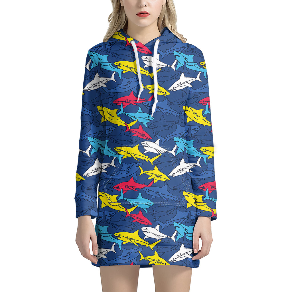 Doodle Shark Pattern Print Women's Pullover Hoodie Dress