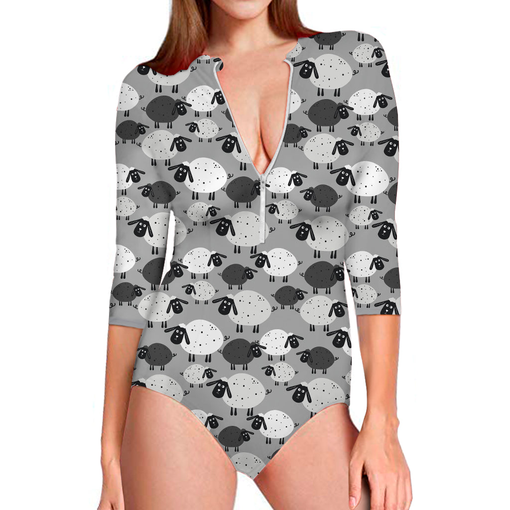Doodle Sheep Pattern Print Long Sleeve One Piece Swimsuit