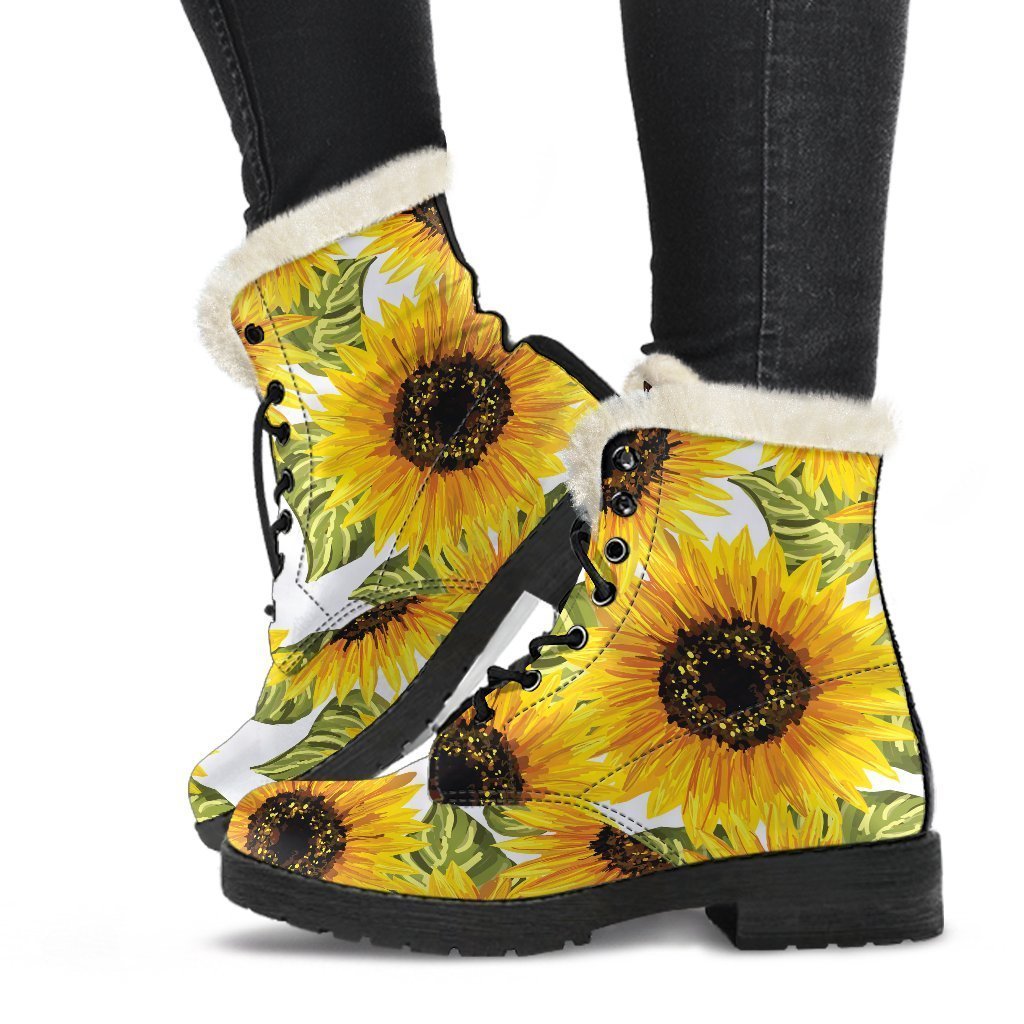 Doodle Sunflower Pattern Print Faux Fur Leather Boots