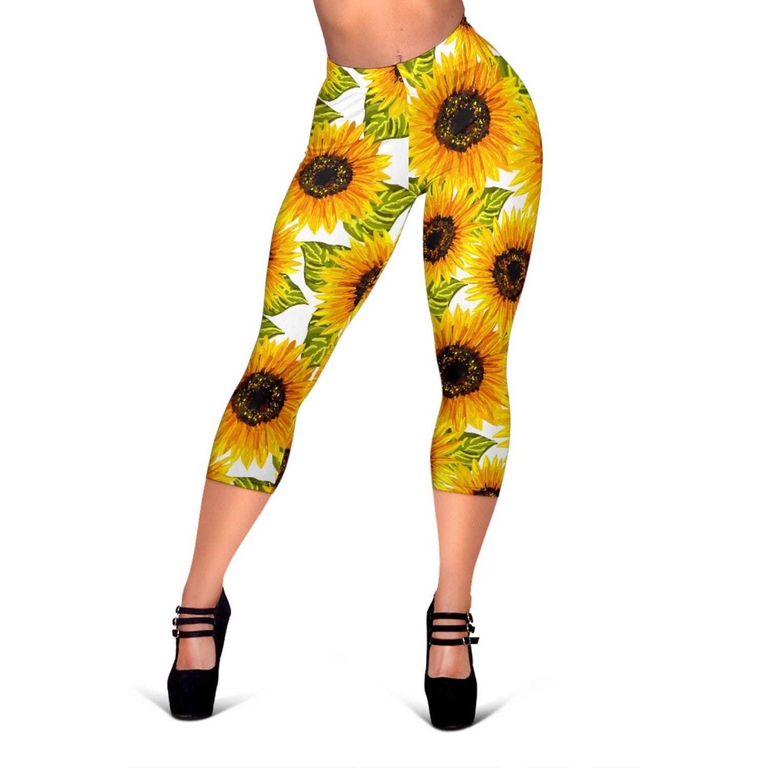 Doodle Sunflower Pattern Print Women's Capri Leggings