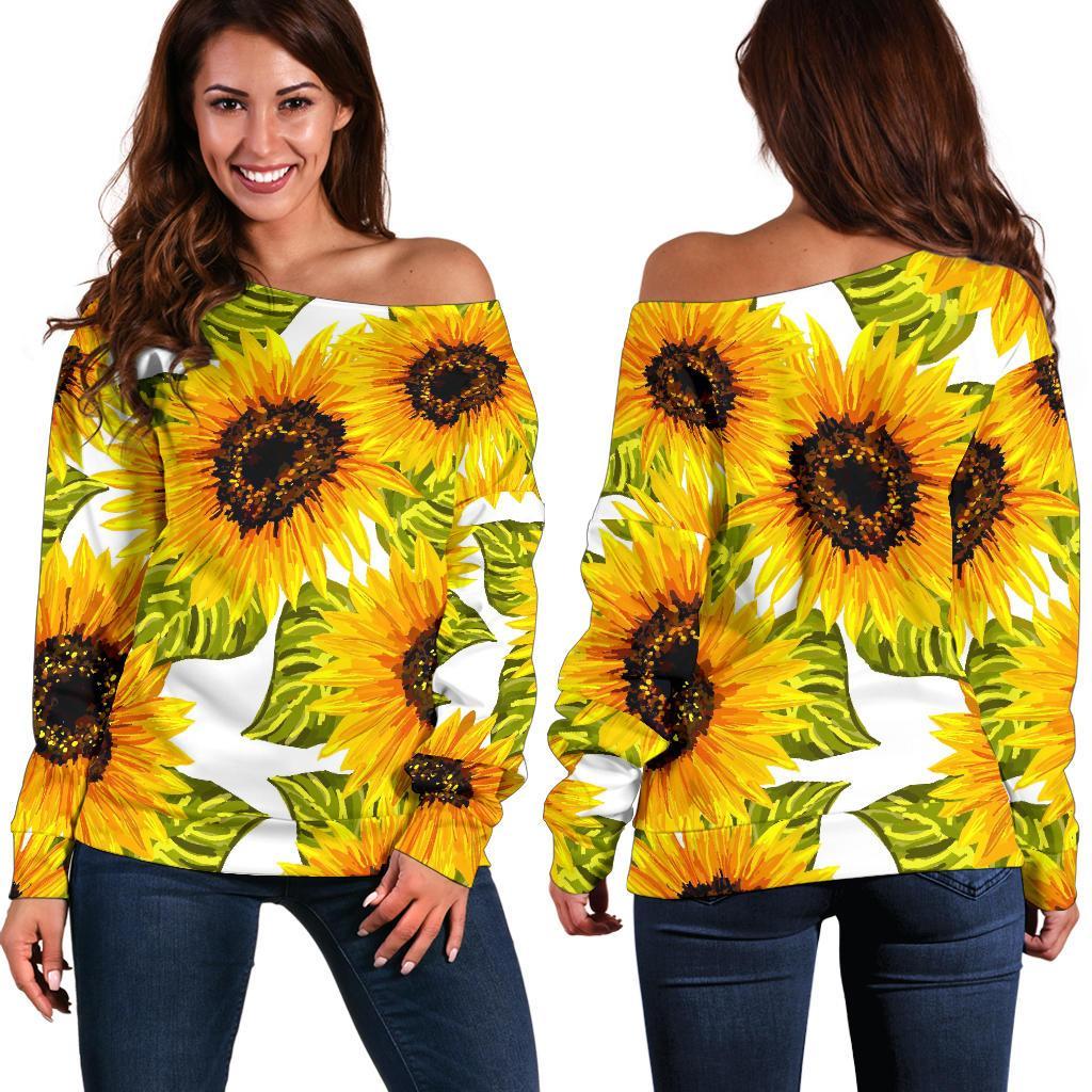 Doodle Sunflower Pattern Print Women's Off-Shoulder Sweatshirt