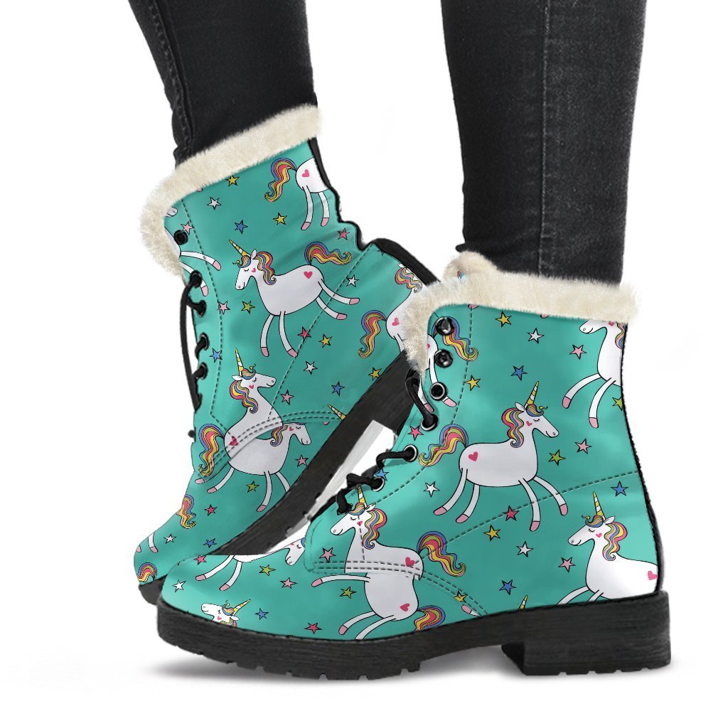 Doodle Unicorn Pattern Print Faux Fur Leather Boots