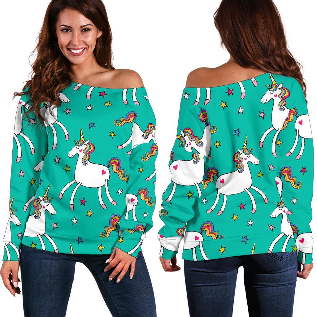 Doodle Unicorn Pattern Print Women's Off-Shoulder Sweatshirt