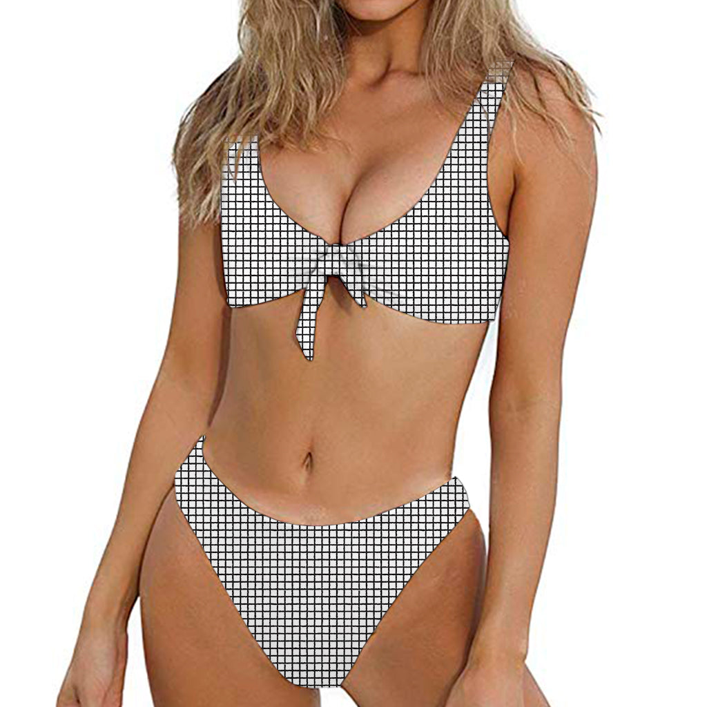 Doodle Windowpane Pattern Print Front Bow Tie Bikini